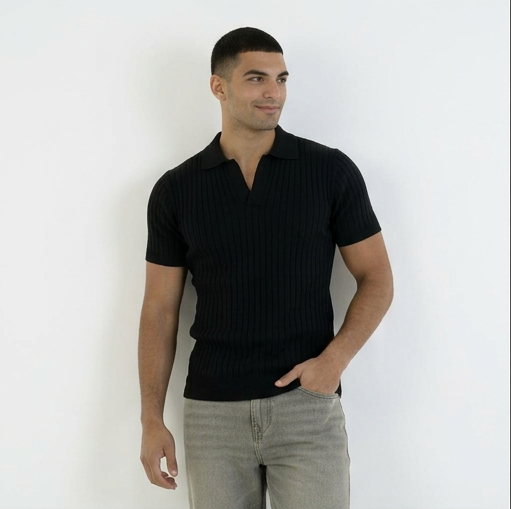 Black KNIT COTTON BLEND POLO SHIRT