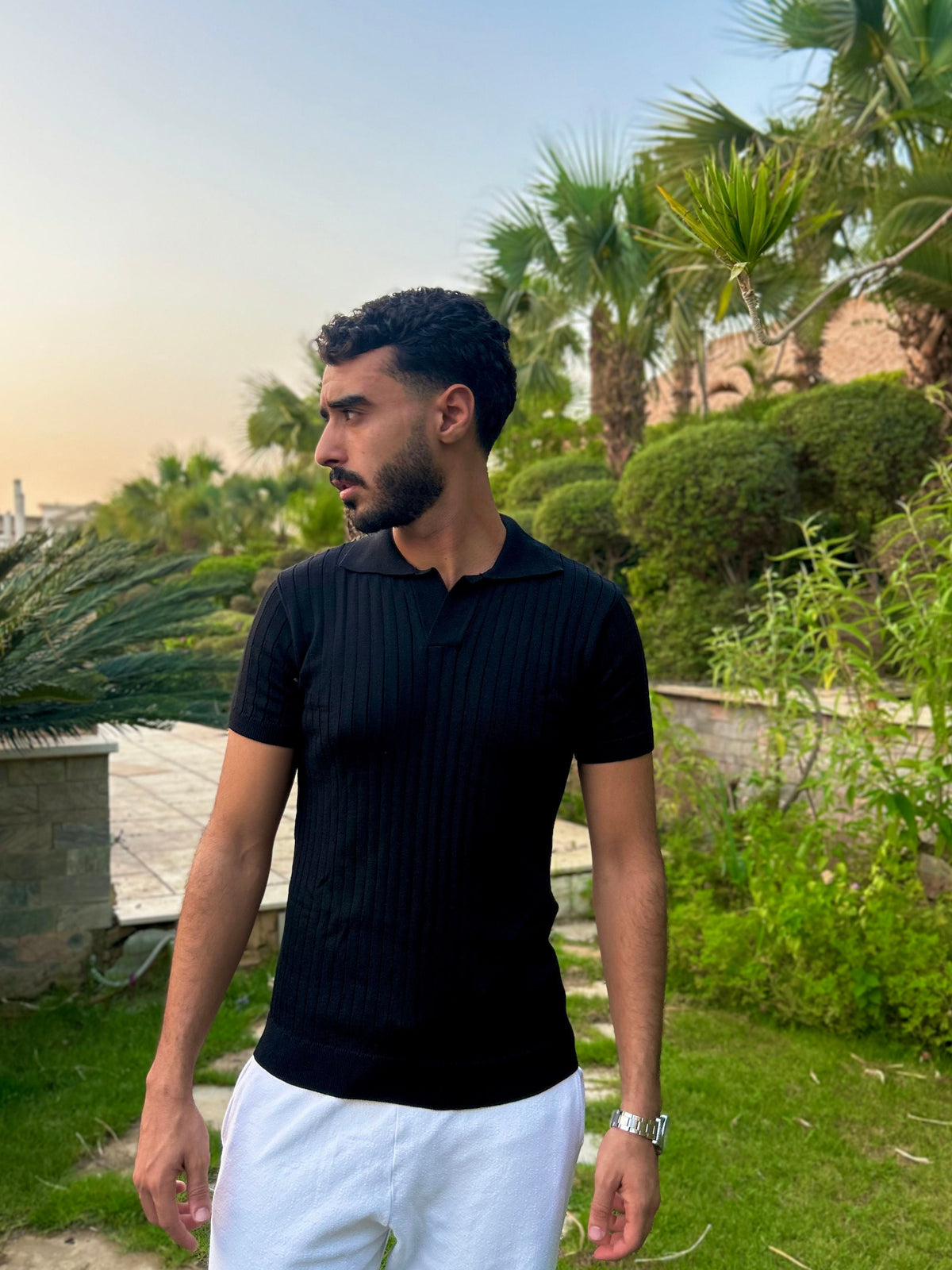 Black KNIT COTTON BLEND POLO SHIRT