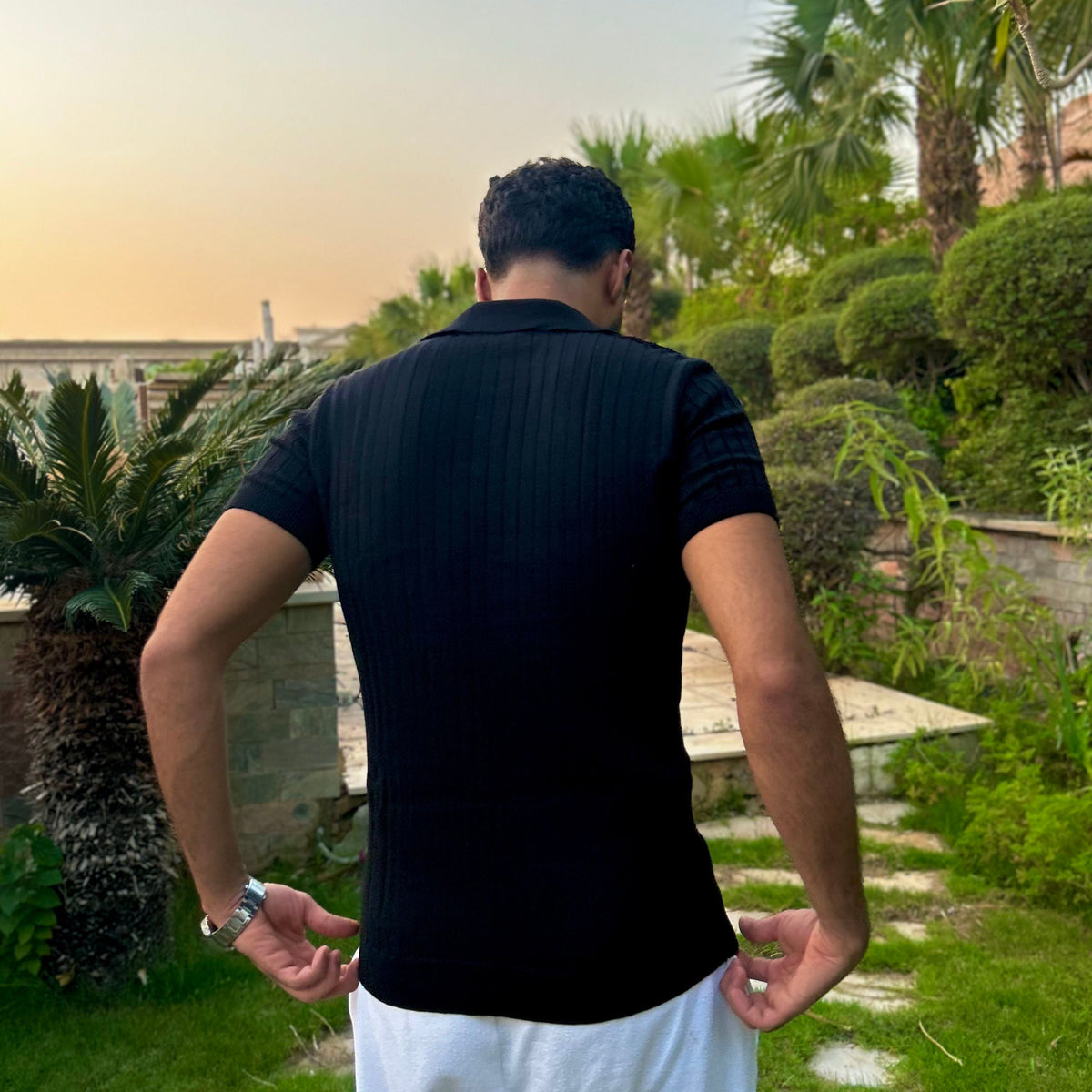 Black KNIT COTTON BLEND POLO SHIRT