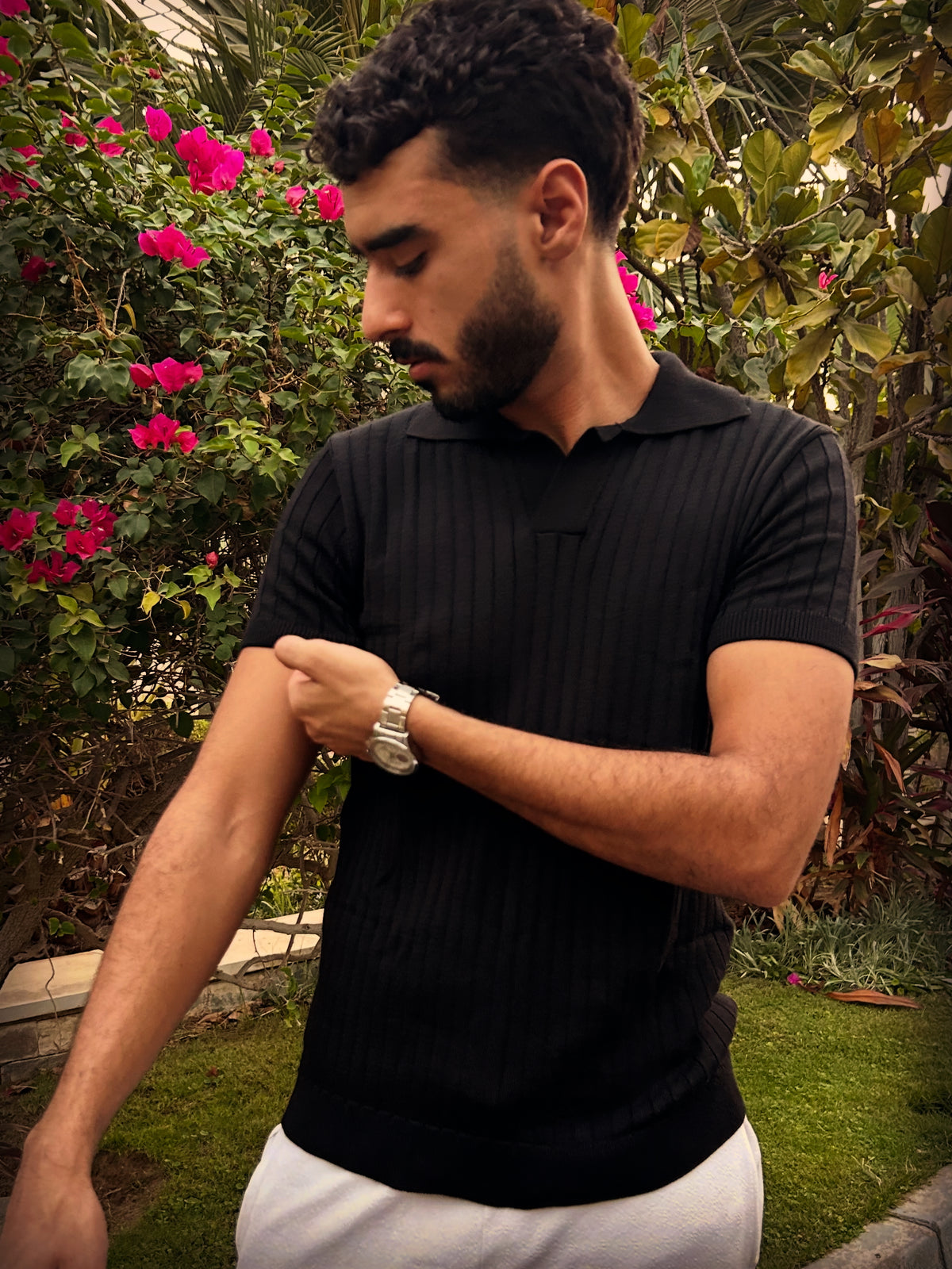 Black KNIT COTTON BLEND POLO SHIRT