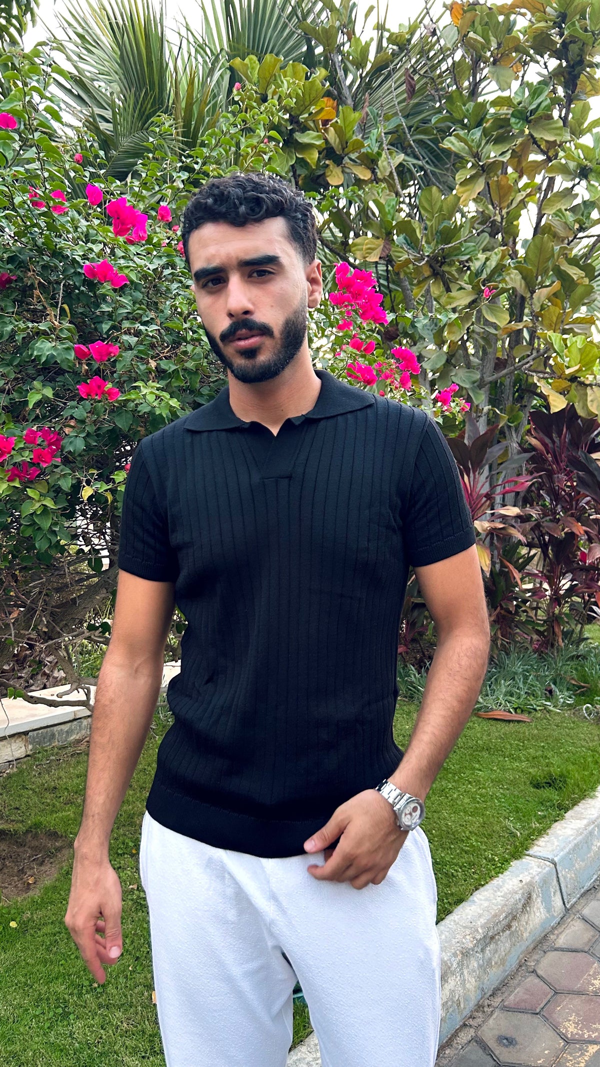 Black KNIT COTTON BLEND POLO SHIRT