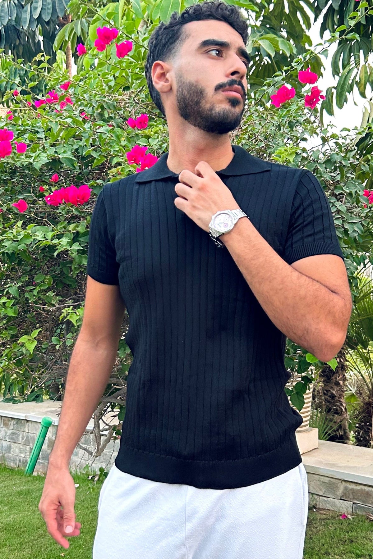 Black KNIT COTTON BLEND POLO SHIRT