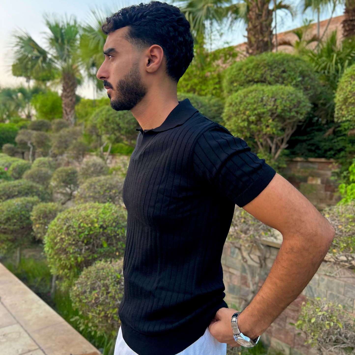Black KNIT COTTON BLEND POLO SHIRT