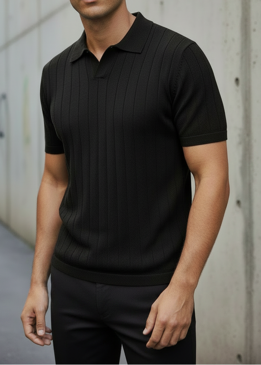 Black KNIT COTTON BLEND POLO SHIRT