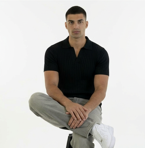 Black KNIT COTTON BLEND POLO SHIRT